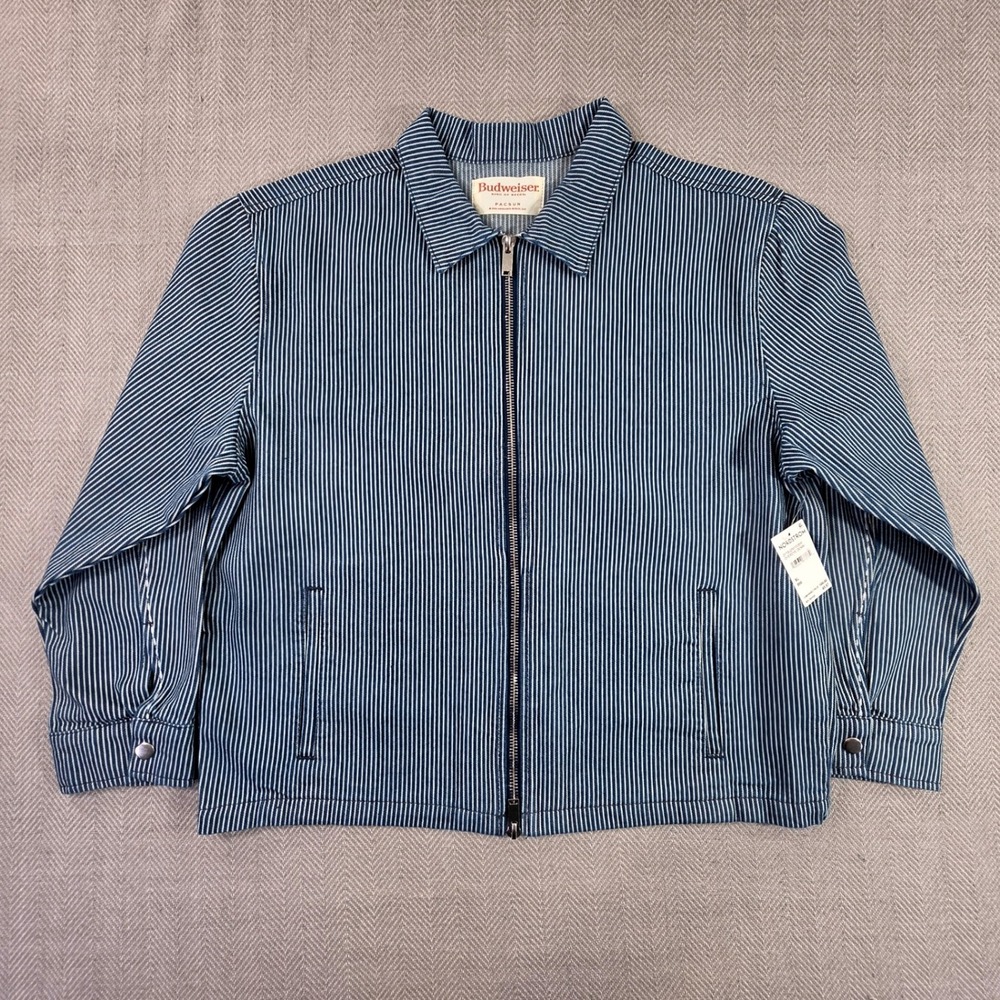 PacSun Budweiser Blue Hickory Stripe Denim Chore Coat Men XL NWT Overdye Jacket